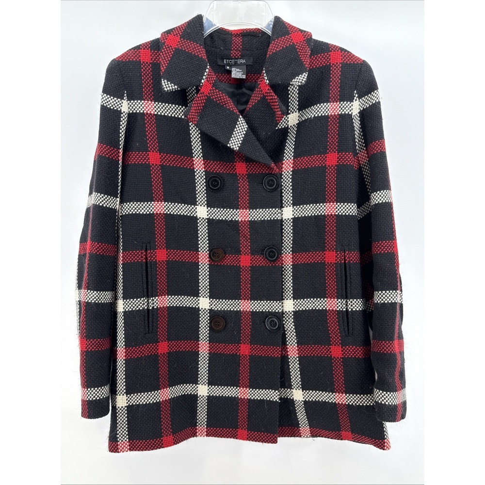 Etcetera Red And Black‎ Plaid Peacoat Size 8 Wool Blend Preppy